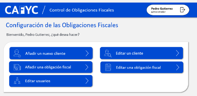 Panel de navegación de la hoja de configuración del sistema de CAFyC, con acceso a cada formulario.