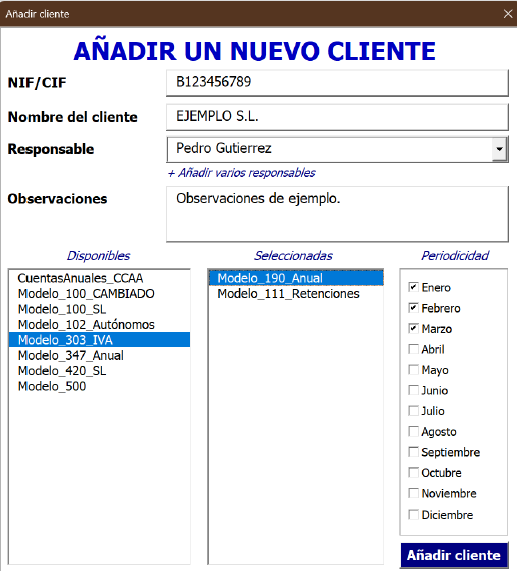 Formulario para añadir un cliente nuevo, con sus obligaciones fiscales y la periodicidad por meses.