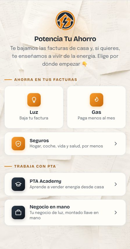 Página de enlaces de PTA con sus líneas de negocio: luz, gas, seguros y formación.