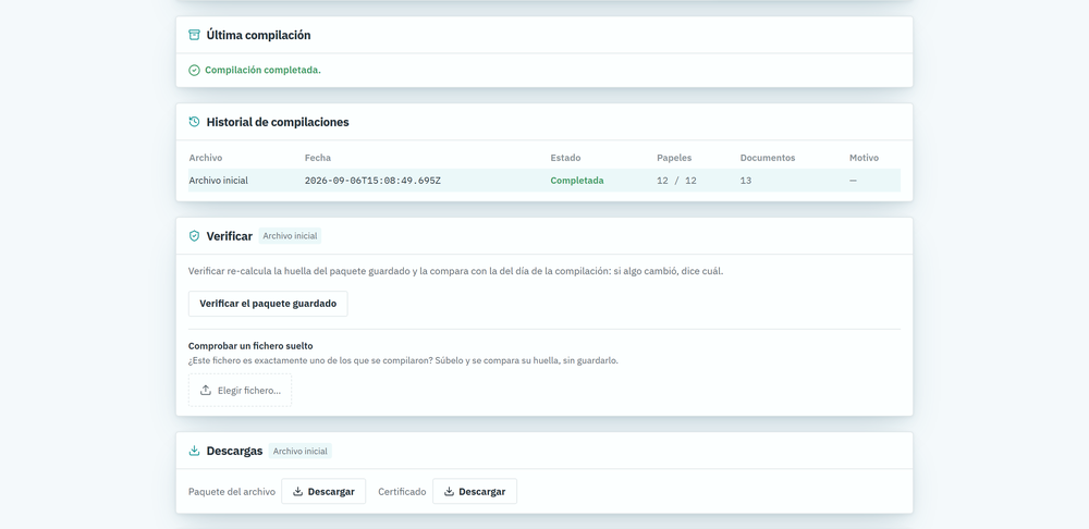 Pantalla de compilación del archivo de una auditoría en SmartAudit, con el paquete sellado y su certificado.