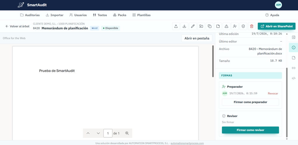 Firma de un papel de trabajo con su trazabilidad, en SmartAudit.