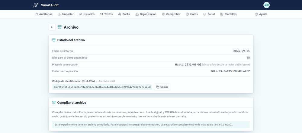 Estado del archivo de una auditoría en SmartAudit: fecha del informe, plazo de compilación y años de conservación.