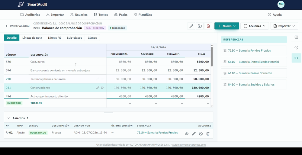 Papeles de trabajo enlazados por referencias cruzadas en SmartAudit.