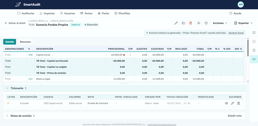 Sumaria actualizada automáticamente a partir del balance de comprobación en SmartAudit.